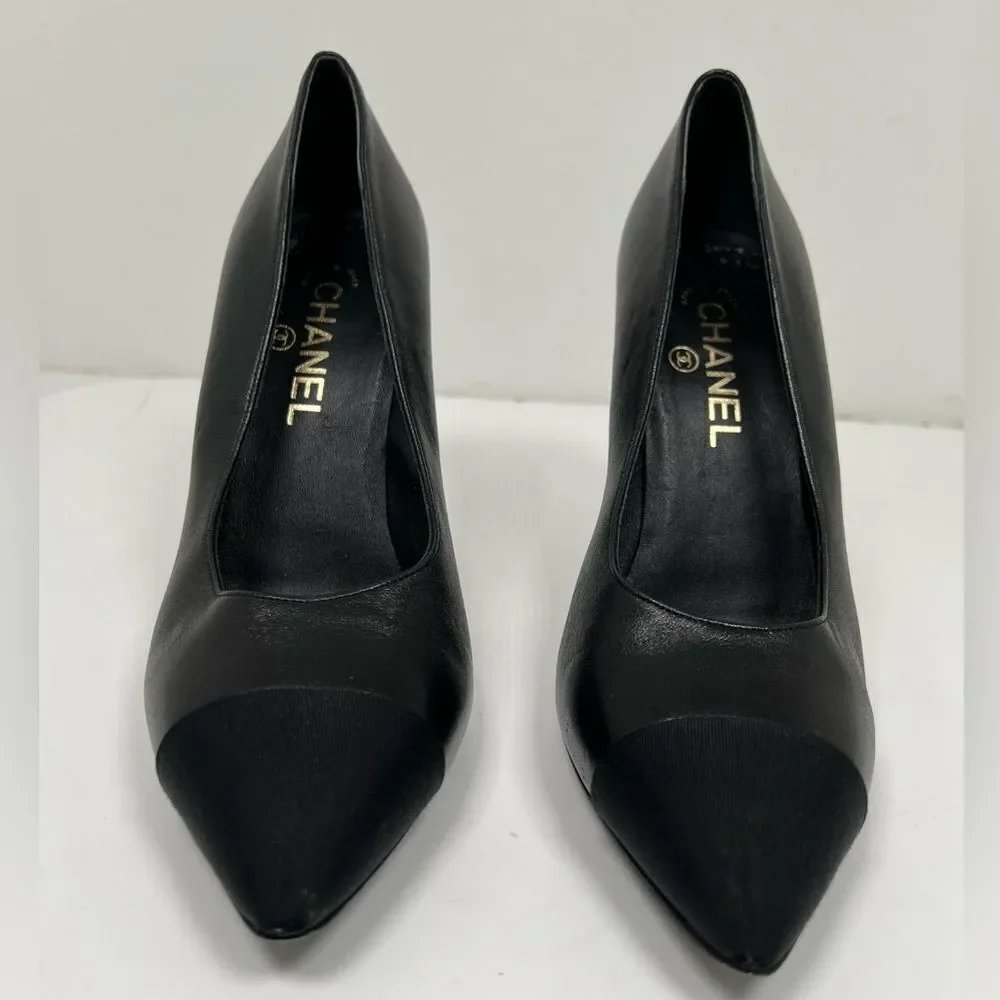 CHANEL Lambskin Grosgrain Cap Toe Pearl Pumps 39.5 Black